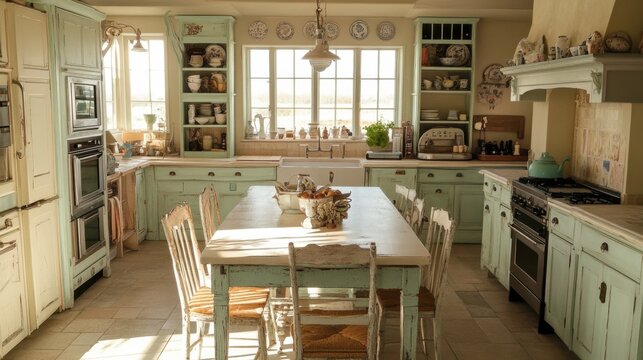 Kitchen with shabby-chic island and mismatched decor offers a warm and inviting atmosphere for culinary creativity