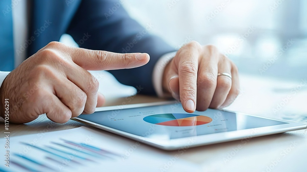 Poster a business professional analyzes data on a tablet, highlighting insights through interactive charts 