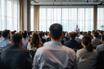 Obraz premium Professional audience seated in rows, attentively listening to a speaker in a modern conference hall with natural light and curtains, concept of business. Ai generative