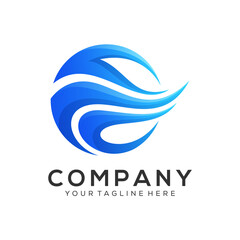 Blue and white logo with a blue circle