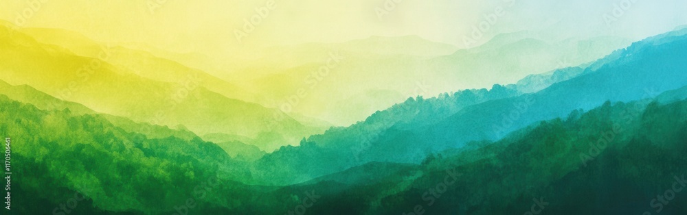 Poster gradient blending of forest green and yellow hues in a serene landscape during dawn or dusk