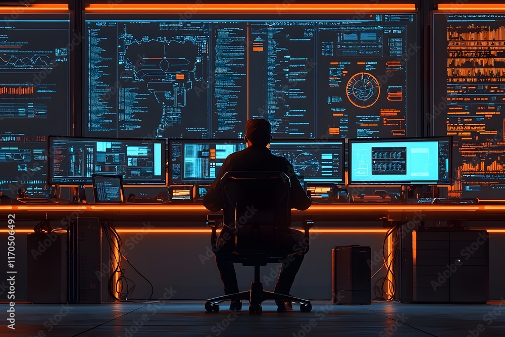Poster futuristic control room scene featuring a cyber attack simulation with glowing data interfaces and a
