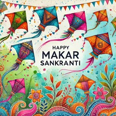 Fototapeta premium Colorful Flying Kites Celebrating Makar Sankranti Festival, Symbolizing Joy and Tradition 