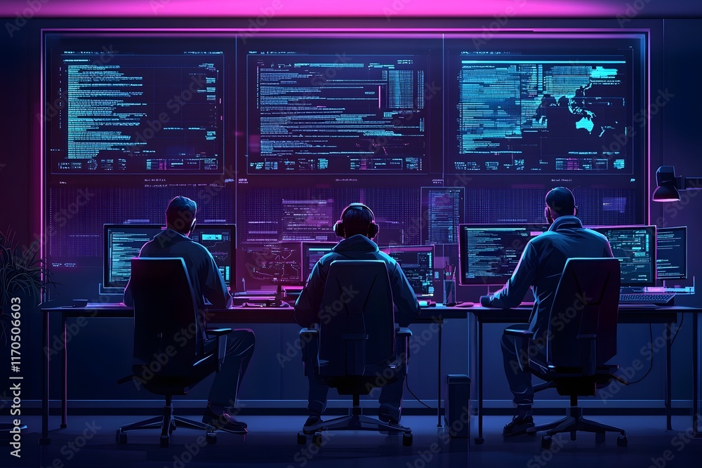 Poster cyber attack simulation in futuristic control room glowing data interfaces incident response team an