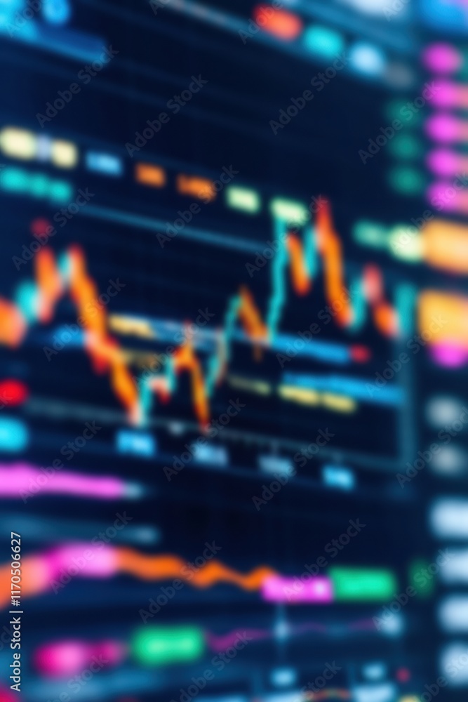 Poster abstract financial graph with fluctuating lines and colorful indicators representing market trends a