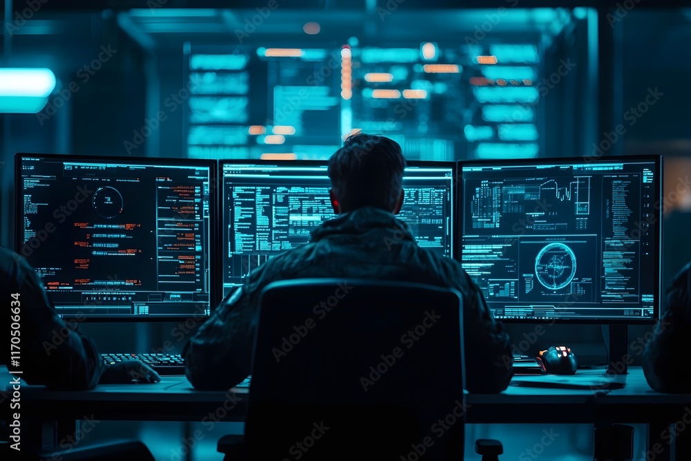 Poster advanced cybersecurity monitoring and incident response in futuristic digital lab