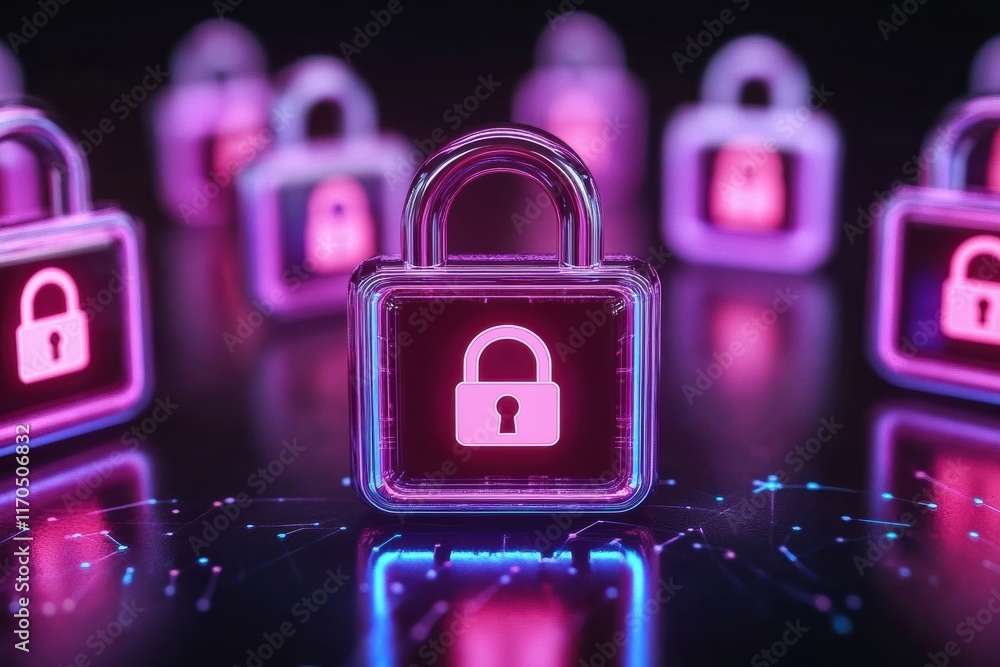 Poster a futuristic depiction of secure digital locks in vibrant colors representing cybersecurity and data