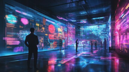 Futuristic art gallery showcasing immersive digital installations and vibrant visuals with visitors engaging in exploration