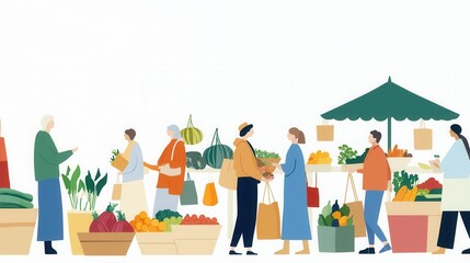 Busy Farmers Market Scene with Local Produce and Homemade Goods, a Vibrant Community Gathering in a Colorful Setting