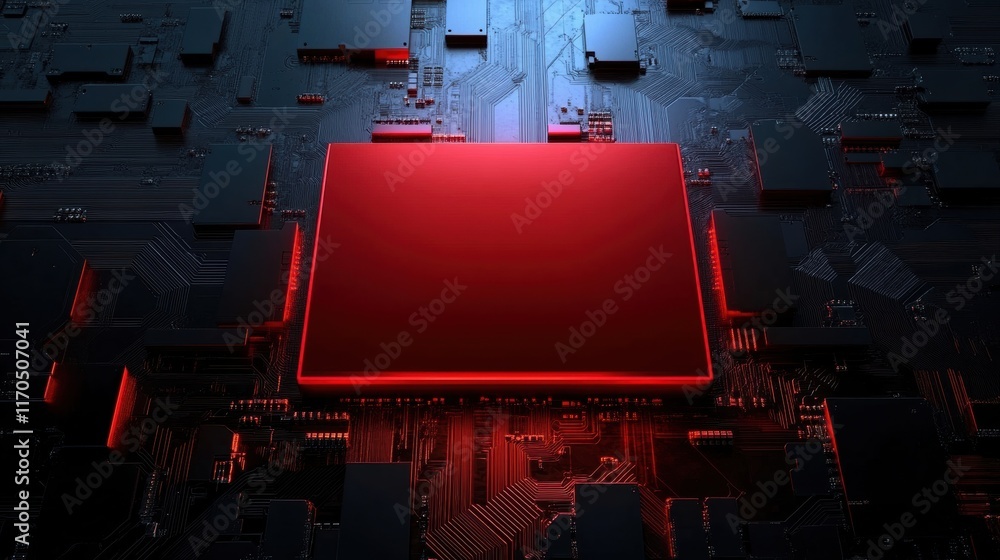 Poster abstract digital background with red and black technology theme, featuring circuits and glowing elem