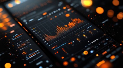 Dynamic investment app interface displays glowing financial data and analytics in a modern design