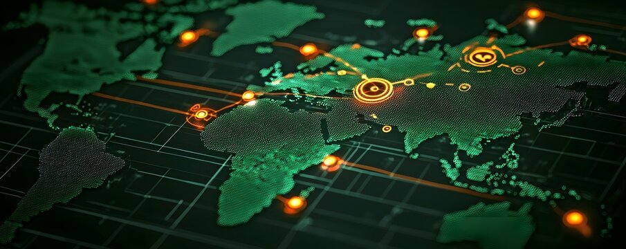 Futuristic cyber threat map with glowing data nodes advanced cybersecurity control room detailed incident response visualization no text  Cutting edge technology for digital security