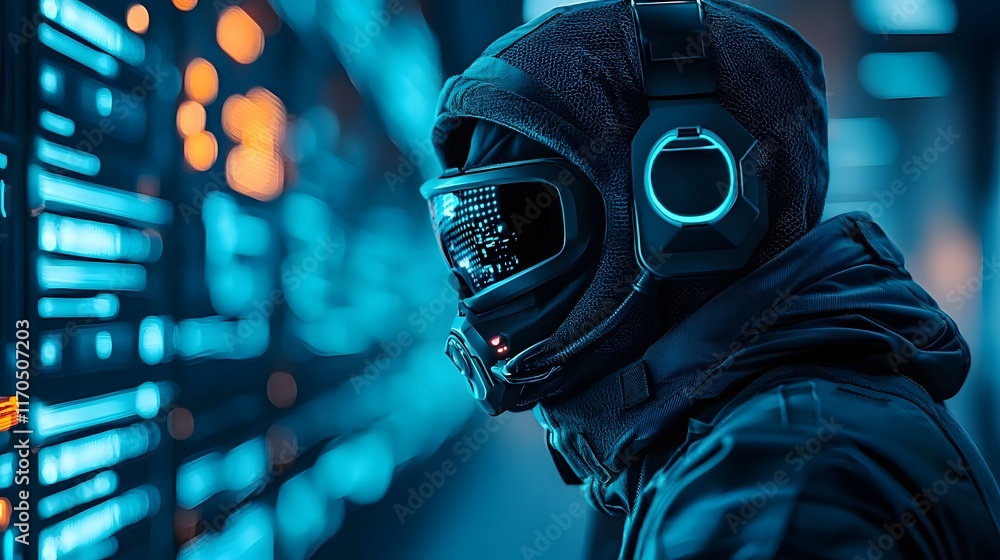 Poster cybersecurity professional deploying sophisticated countermeasures and visualizing defense systems i