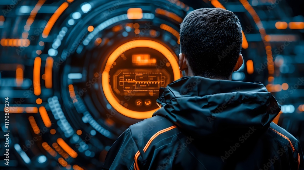 Poster cybersecurity professional utilizing cutting edge futuristic tools and visualization to deploy real 