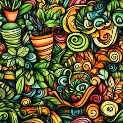 Dynamic watercolor doodle featuring vibrant plant patterns and swirling designs