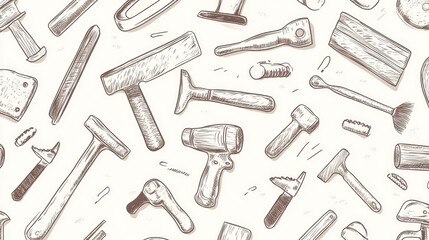 Repair work tools sketch seamless pattern background. Vector backdrop of work and construction tools icons carpentry hammer or saw, woodwork drill or screwdriver, renovation trowel and paint brush