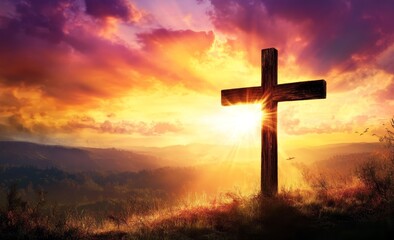 Sunset Cross Silhouette Dramatic Landscape Composition, Golden Hour Light, Christian Faith Concept Christianity, Religious Art