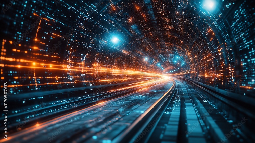 Poster digital data stream: a futuristic railway journey through cyberspace
