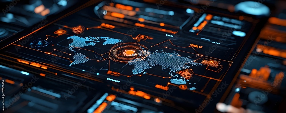 Poster futuristic ai driven cyber defense system mapping attack vectors on advanced glowing digital interfa
