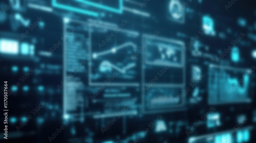 Poster futuristic digital interface displaying various data visualization and analytics in a high-tech envi