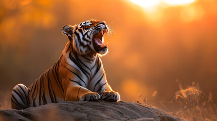 A tiger roaring on a rocky outcrop, with a golden sunset as the background, during an intense evening