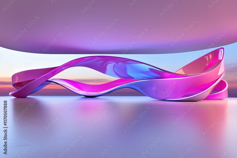 Poster abstract fluid shapes with bright colors and smooth curves against a sunset background