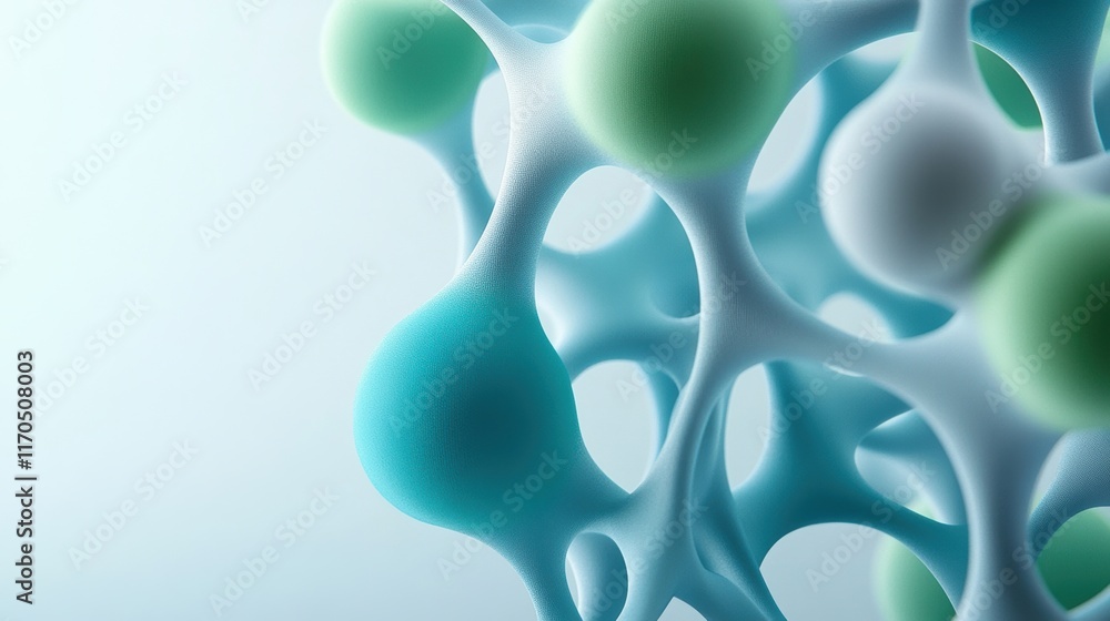 Poster abstract molecular structure with spheres and nodes, showcasing a vibrant combination of colors and 