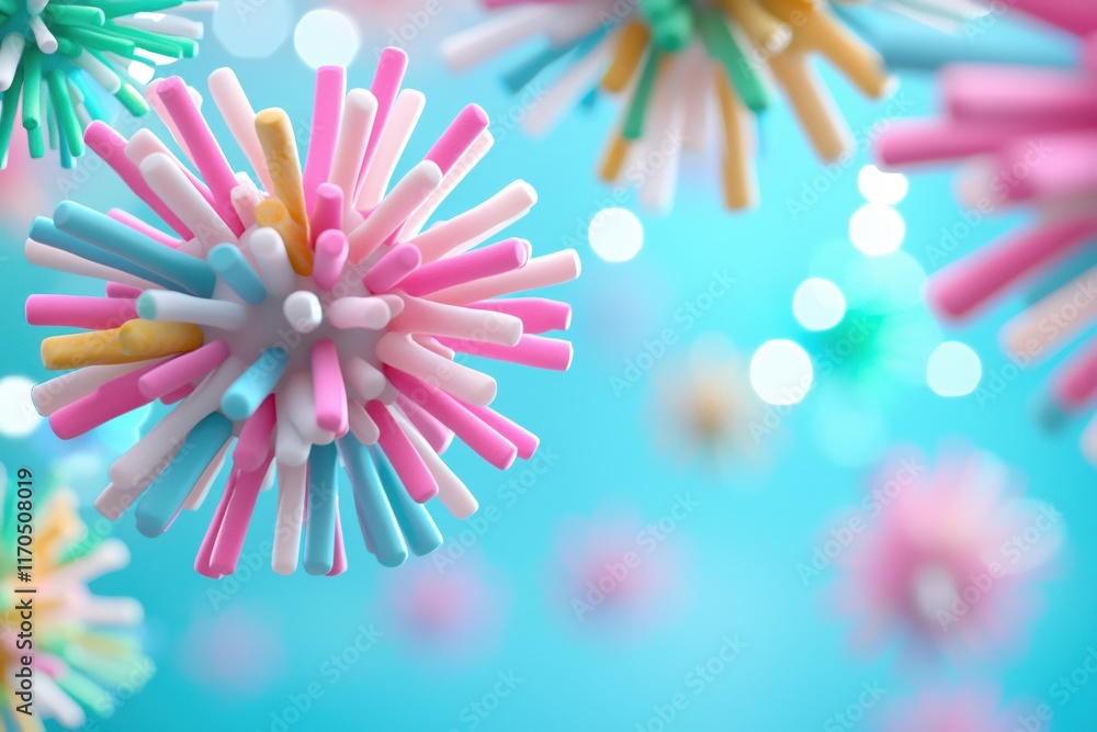 Poster colorful abstract art with spiky shapes on a soft blue background with bokeh effect