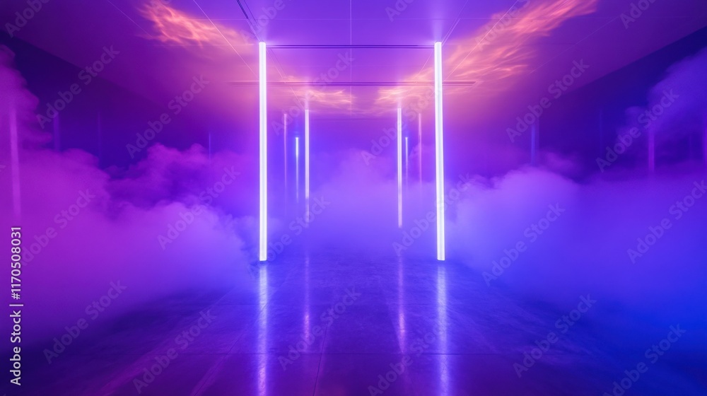 Aufkleber Violet cosmic space with glowing columns and fog creating an ethereal atmosphere at an art installation