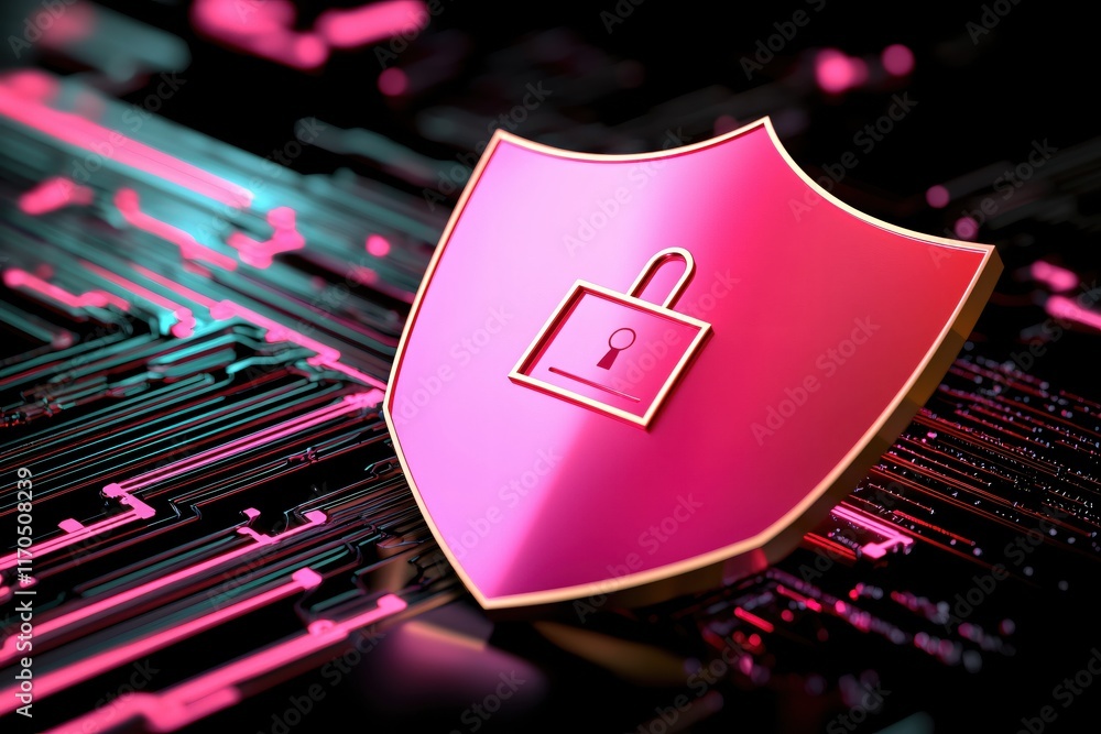 Poster digital security concept with shield and lock icon on circuit board background for protection