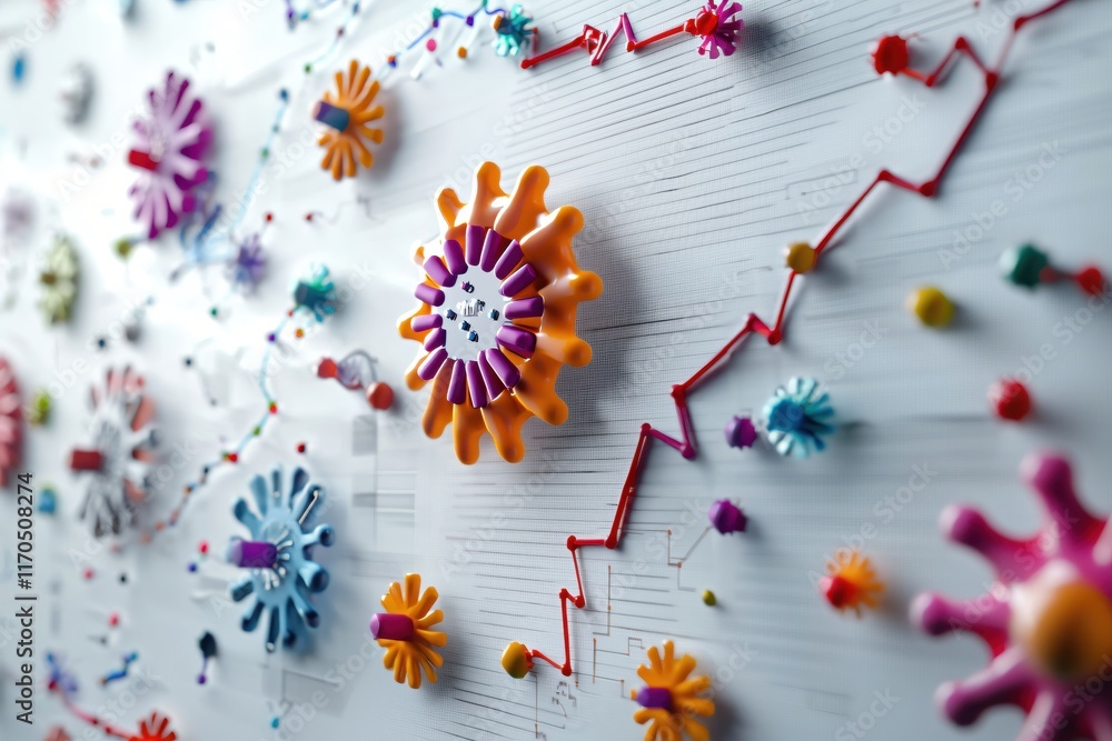 Poster colorful 3d bacteria model on white background with data visualization elements