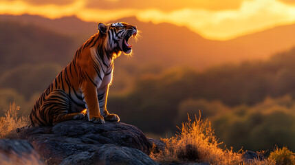 A tiger roaring on a rocky outcrop, with a golden sunset as the background, during an intense evening