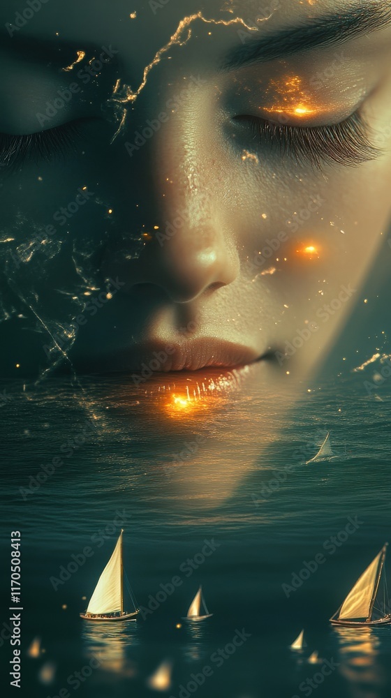 Poster conceptual visualization reflecting the beauty and depth of a woman's face intertwined with an ocean