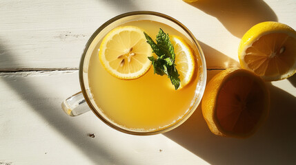 Top view of a glass mug of lemon tea with mint on a white wooden table in sunlight.