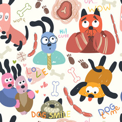 Fototapeta premium Fun pattern with hand drawn cartoon dogs, bones, paws and dog food. Seamless cute pattern with animals. Vector illustation.