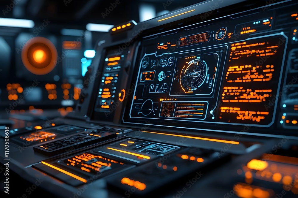 Poster futuristic digital defense system visualizing complex cyber threats and advanced response technology