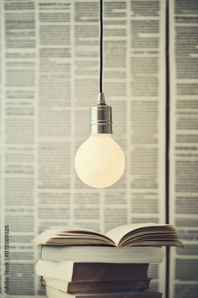 Poster a glowing light bulb hangs above an open book stacked on several volumes, illuminating an inspiring 