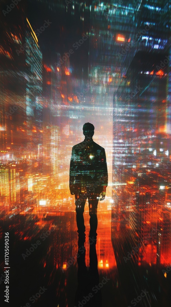 Poster man surrounded by glowing lights and abstract cityscape at night