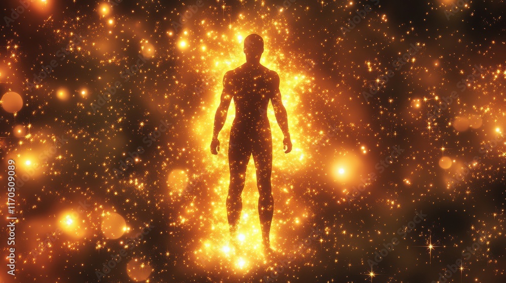 Poster man radiating with a vibrant glow amidst a cosmic backdrop of stars and light