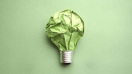 A creative representation of an eco-friendly light bulb made from crumpled green paper on a solid background.