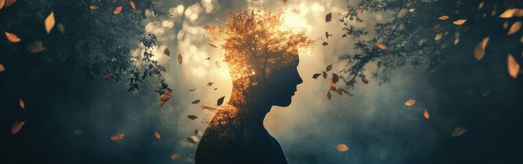 Conceptual visualization of a man surrounded by glowing leaves and nature elements in a serene forest setting