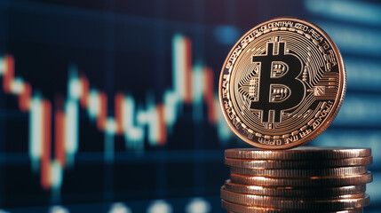 Bitcoin stack with financial chart background showing market trends.