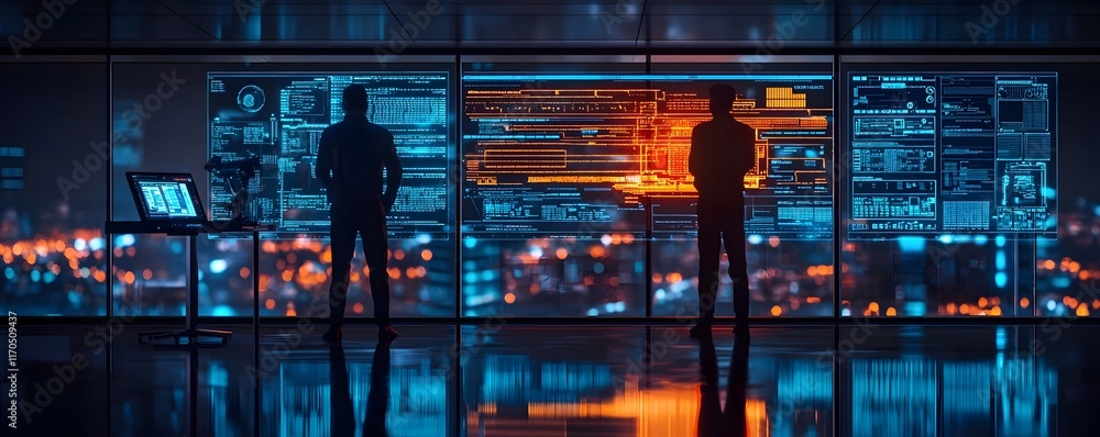 Poster cybersecurity team investigates a ransomware attack utilizing advanced futuristic visualization tool