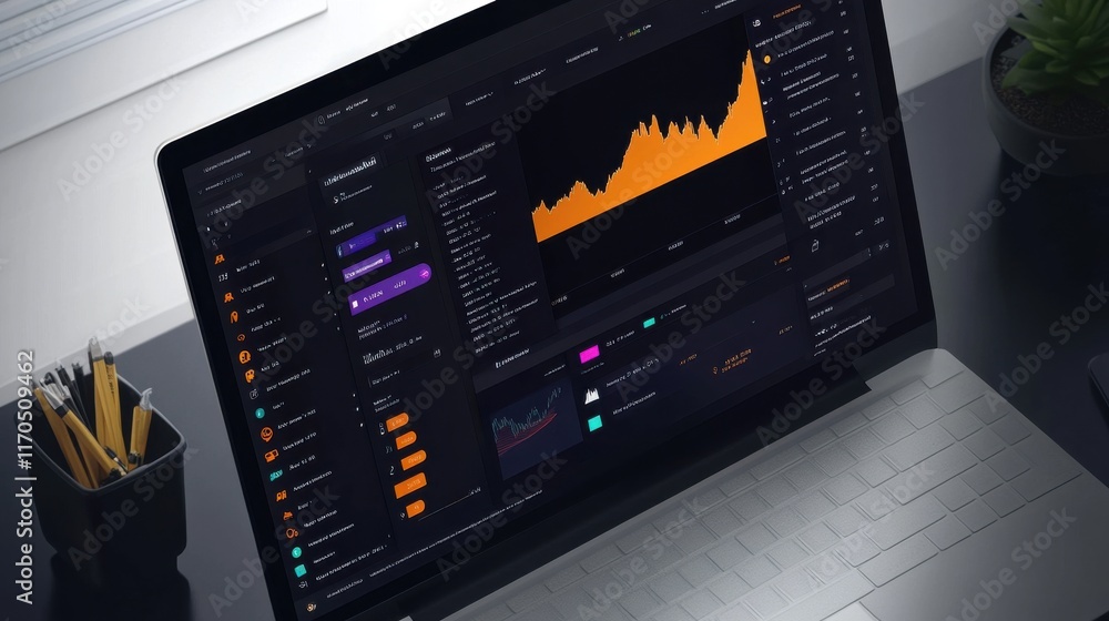 Poster professional online trading platform displaying real-time market data and analytics on a sleek lapto