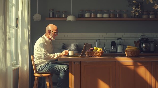 Cheerful elderly man with glasses enjoying a warm drink while using his laptop in a cozy kitchen during a sunny afternoon