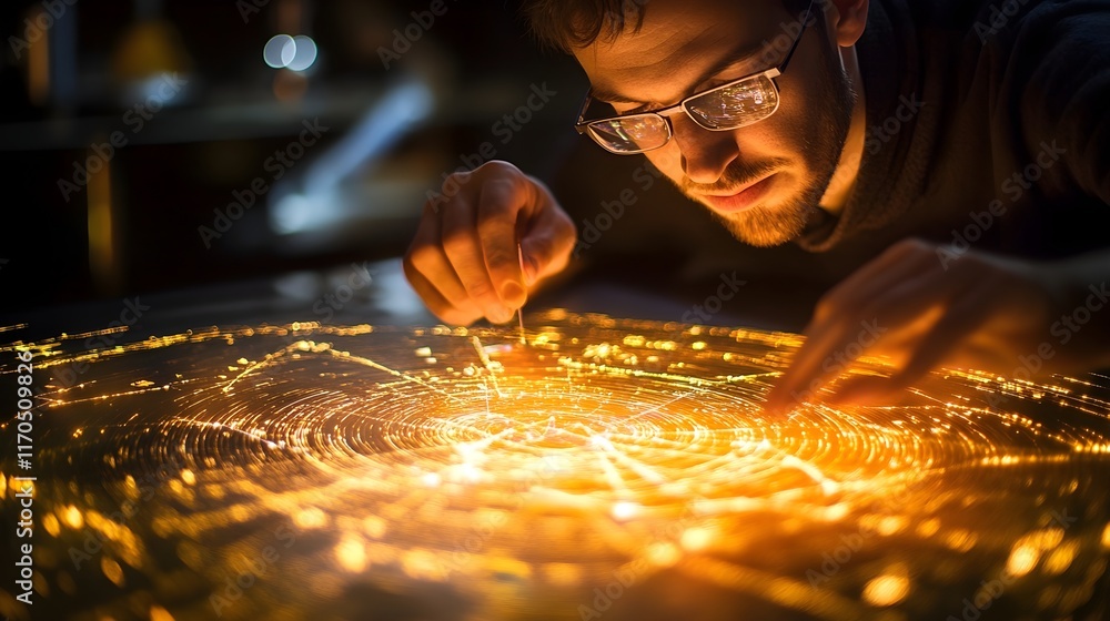 Poster focused male software engineer working on futuristic digital network interface