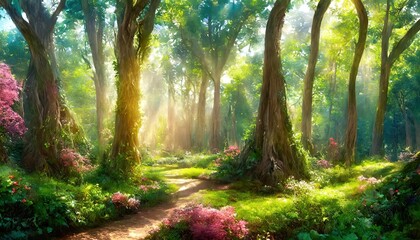 Obraz premium A Whimsical Journey Through an Enchanted Forest A Digital Painting of Majestic Trees and Lush Vegetation, Capturing the Magic of Natures Beauty in a Fairytale Landscape