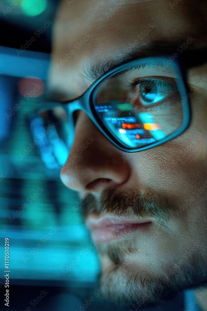 Aufkleber close-up of a focused individual analyzing data on a digital screen, showcasing concentration and te