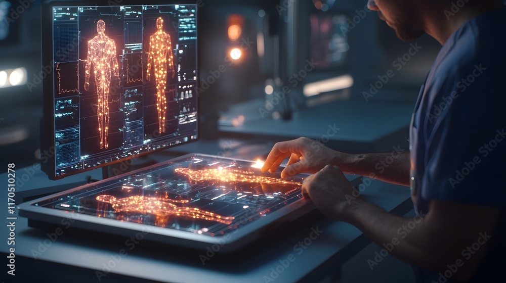 Poster quantum powered surgical planning system featuring glowing holographic anatomical models displayed o