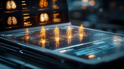 Innovative quantum powered surgical planning system featuring glowing anatomical 3D models displayed on futuristic holographic screens